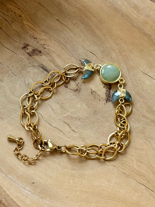 Green Aventurine + Labradorite Gold Moon Bracelet