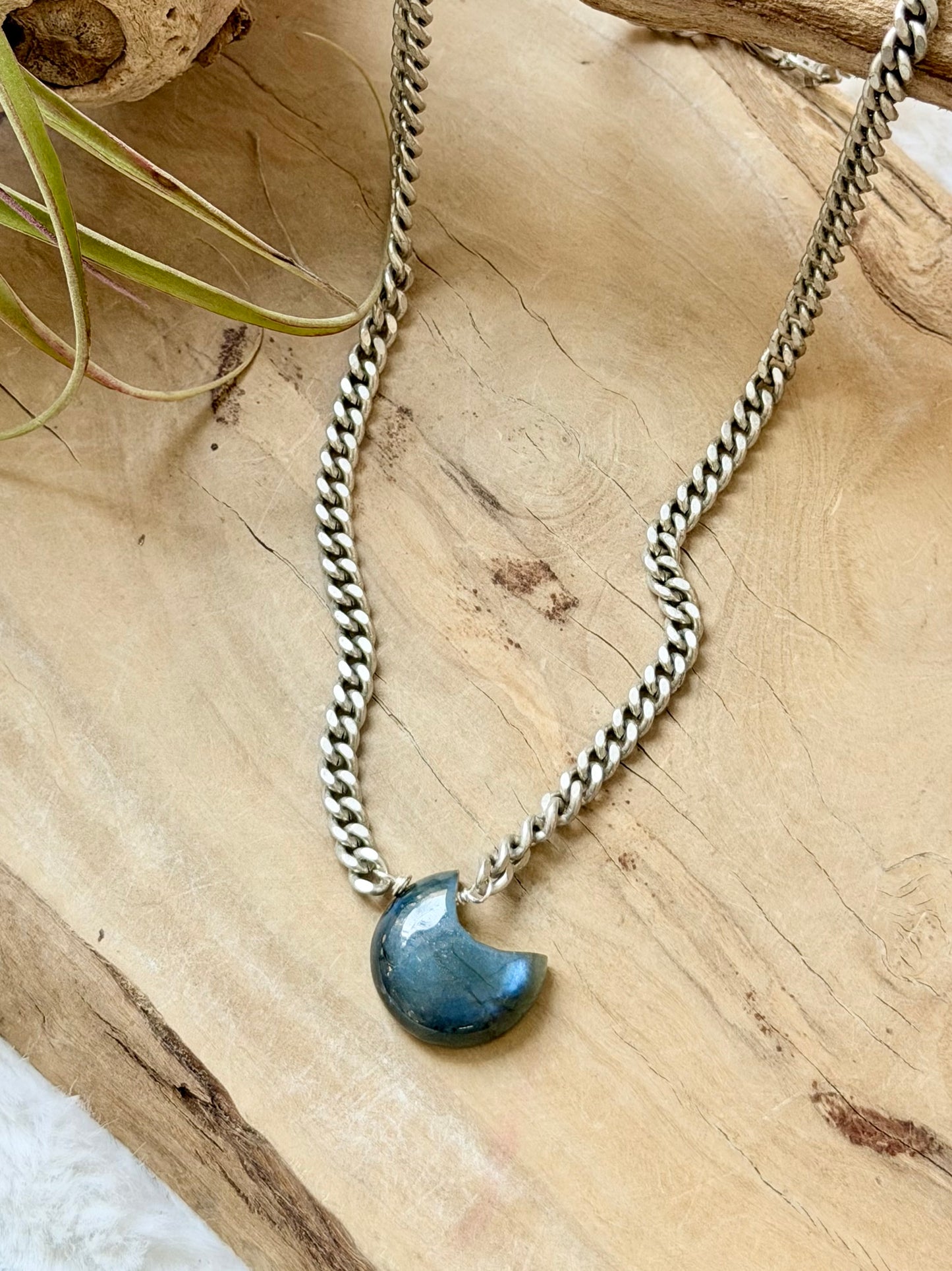Labradorite Moon + Antique Silver Necklace