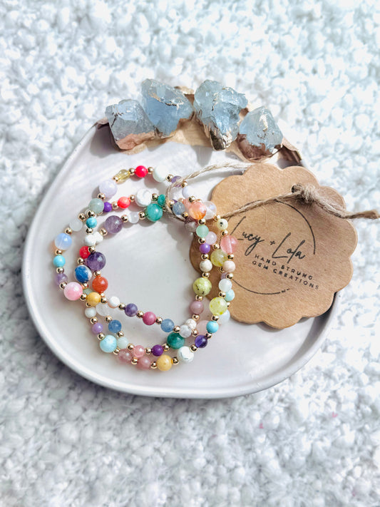 Rainbow Mixed Gems + Gold (3-stack)