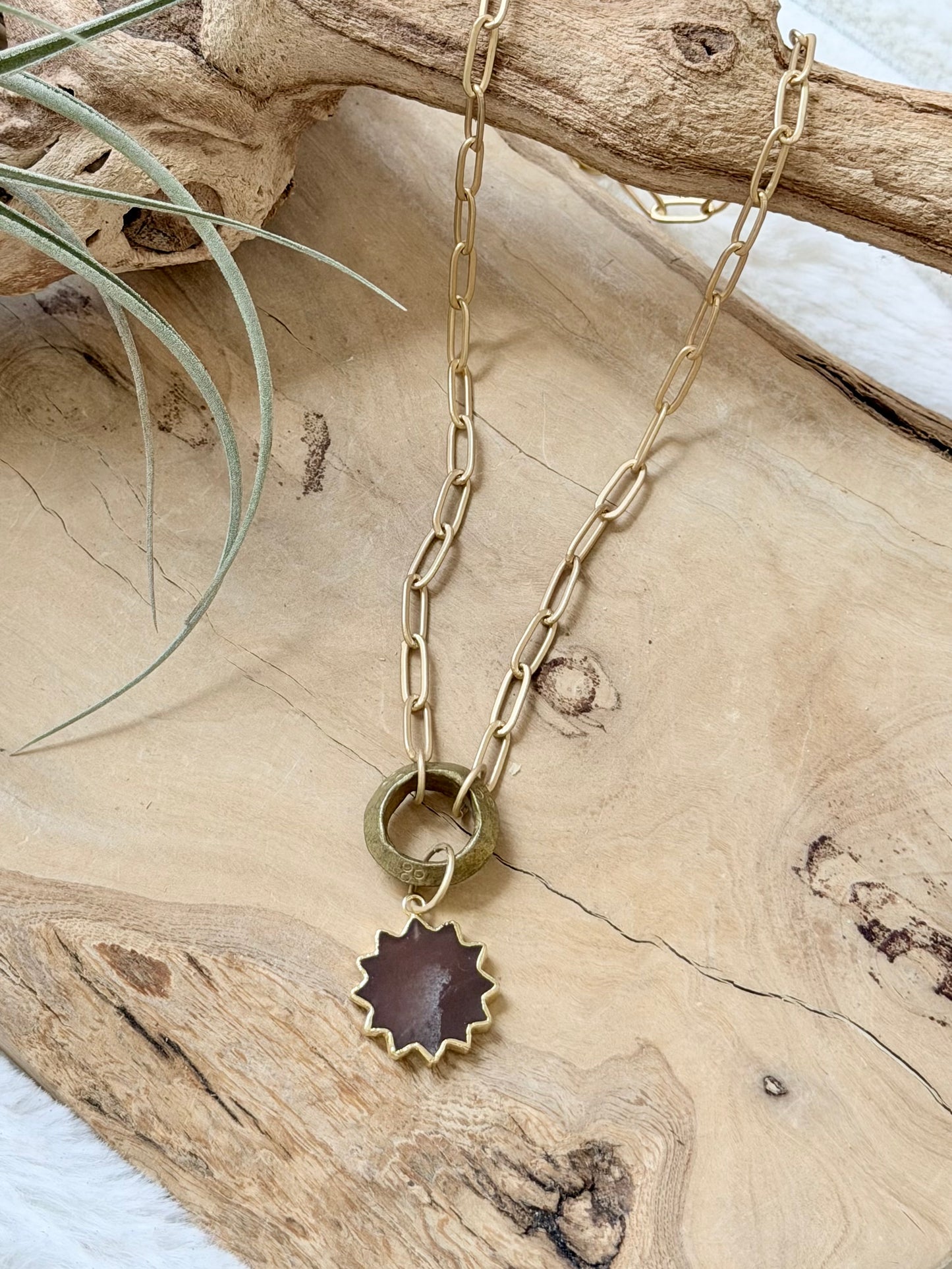 Chocolate Moonstone Sunburst + Matte Gold Necklace