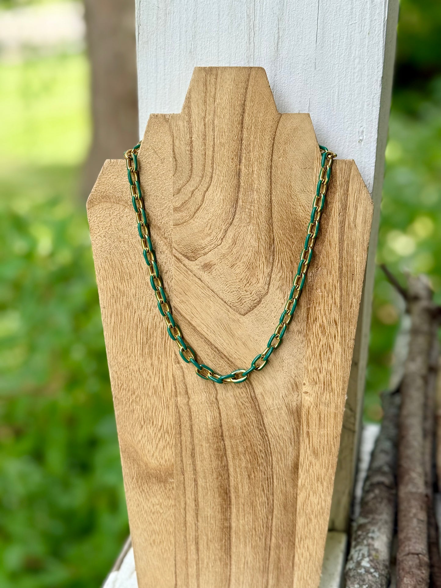 Green + Gold Stainless Steel Link Necklace
