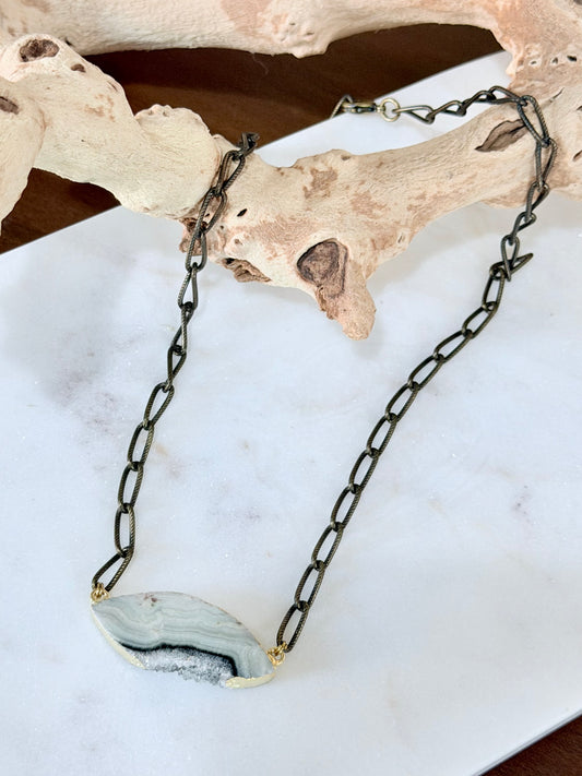 Marquise Amethyst Slice + Antique Brass Necklace