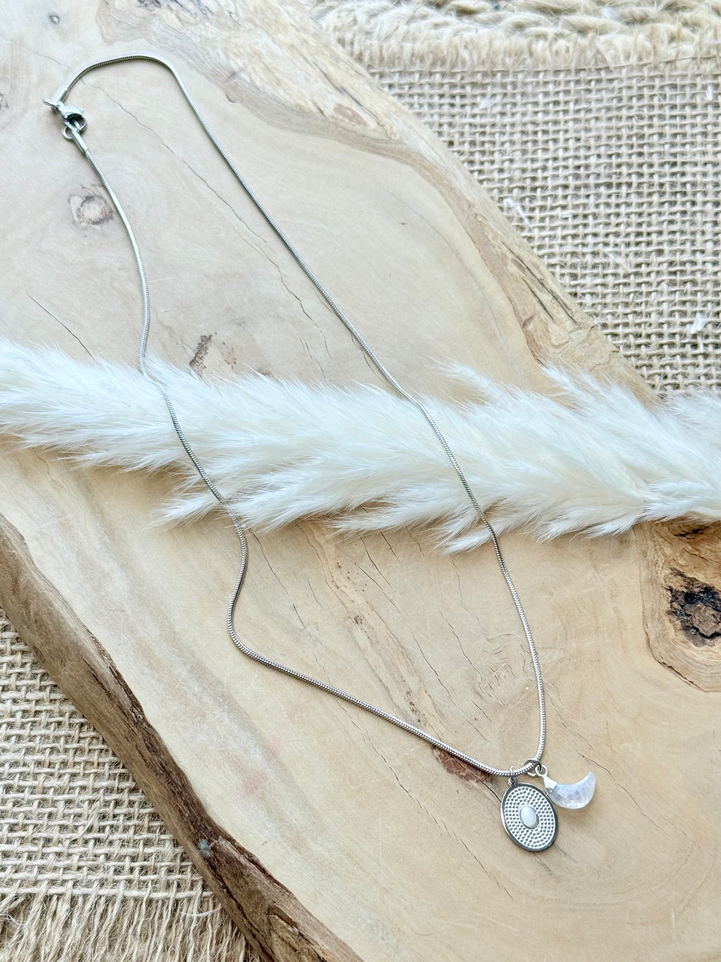 Moonstone + Stainless Steel Cluster Charm Necklace