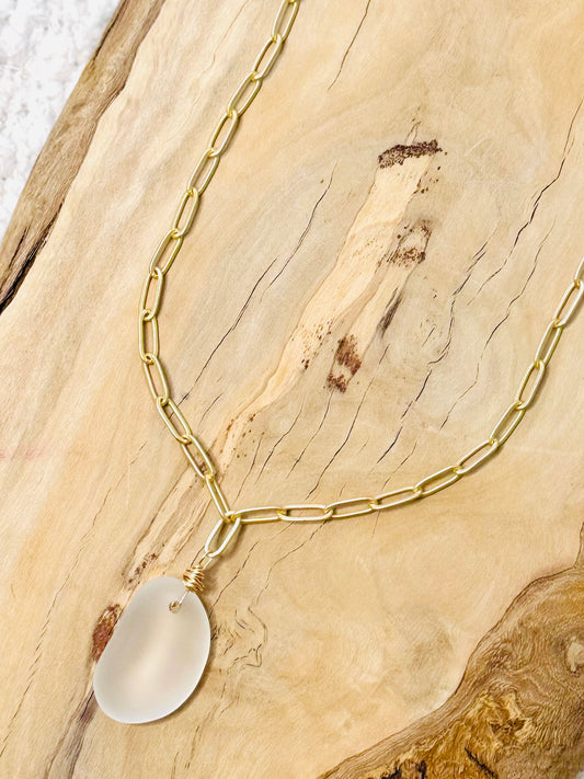 Frosted Sea Glass + Matte Gold Paperclip Necklace
