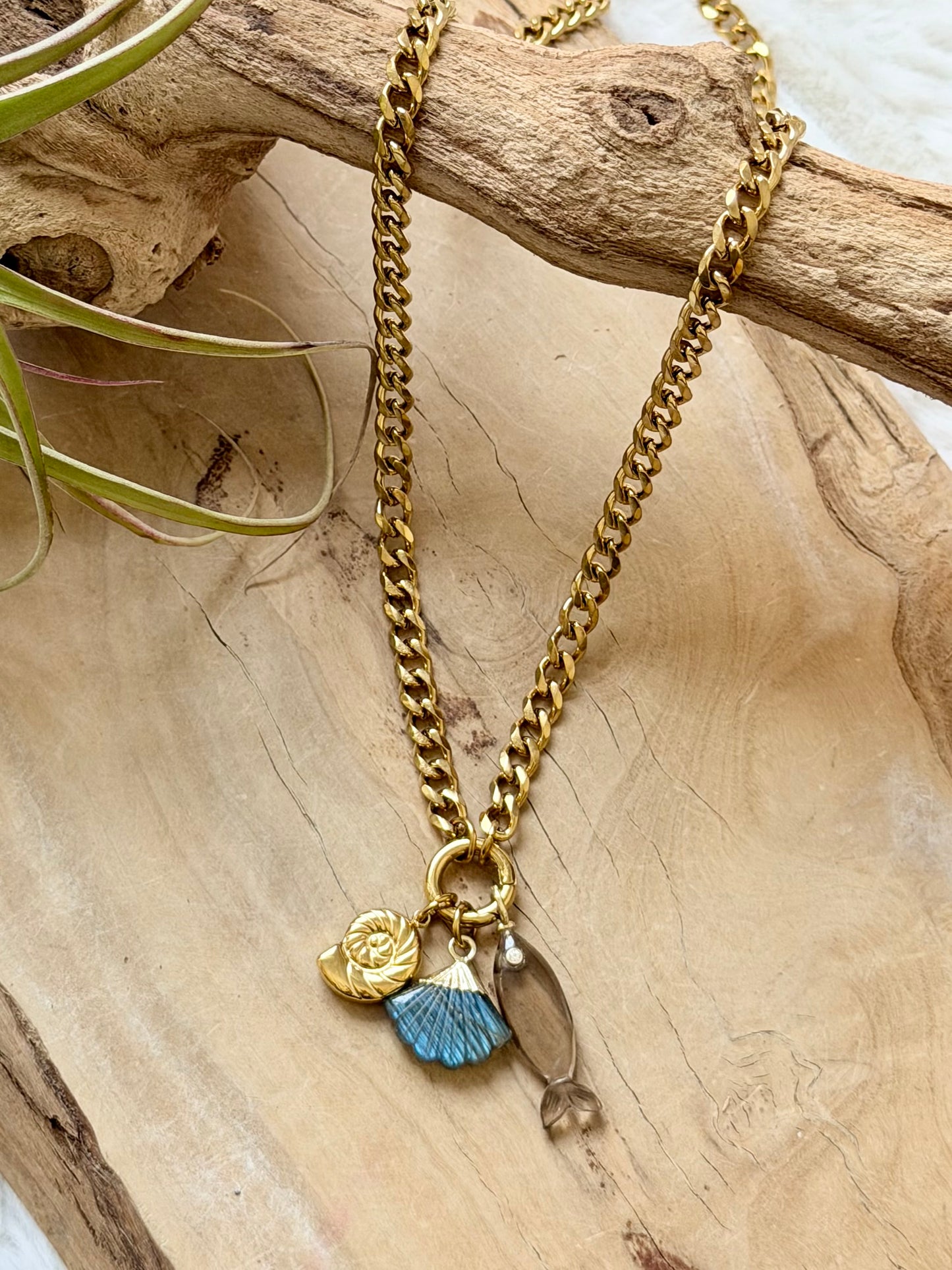 Smoky Quartz + Labradorite Gold Stainless Carabiner Charm Necklace