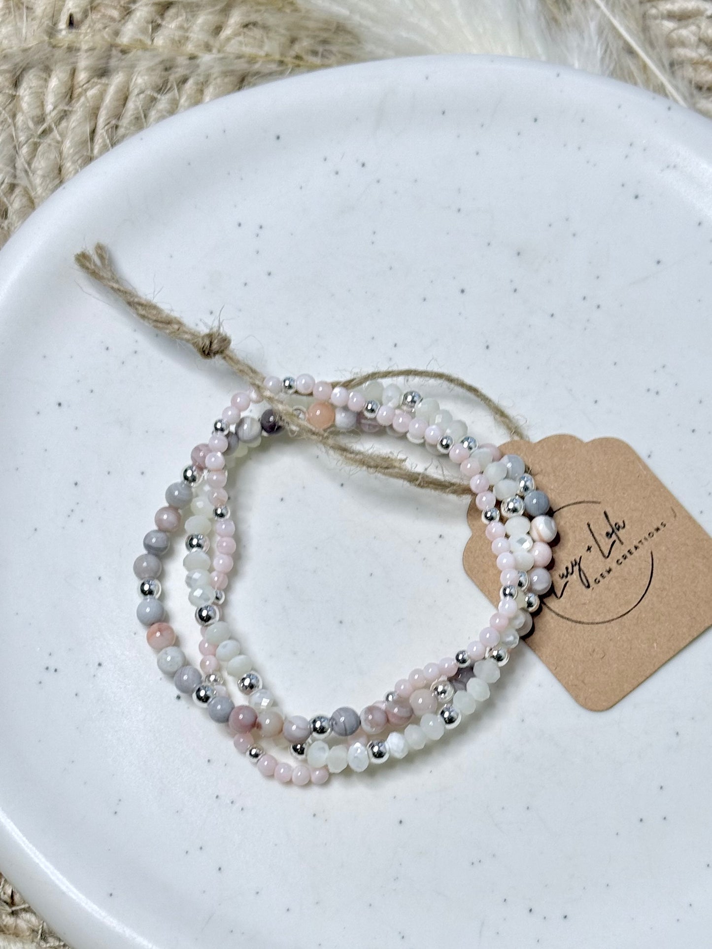 Pink Botswana Agate + Mother of Pearl in Silver Stack (3-stack)