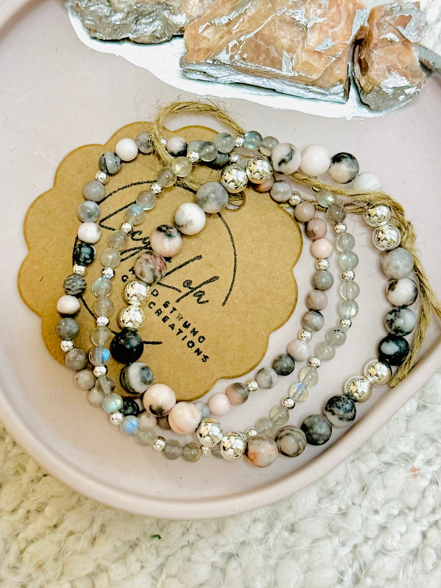 Pink Zebra Jasper + Labradorite in Silver (3-stack)