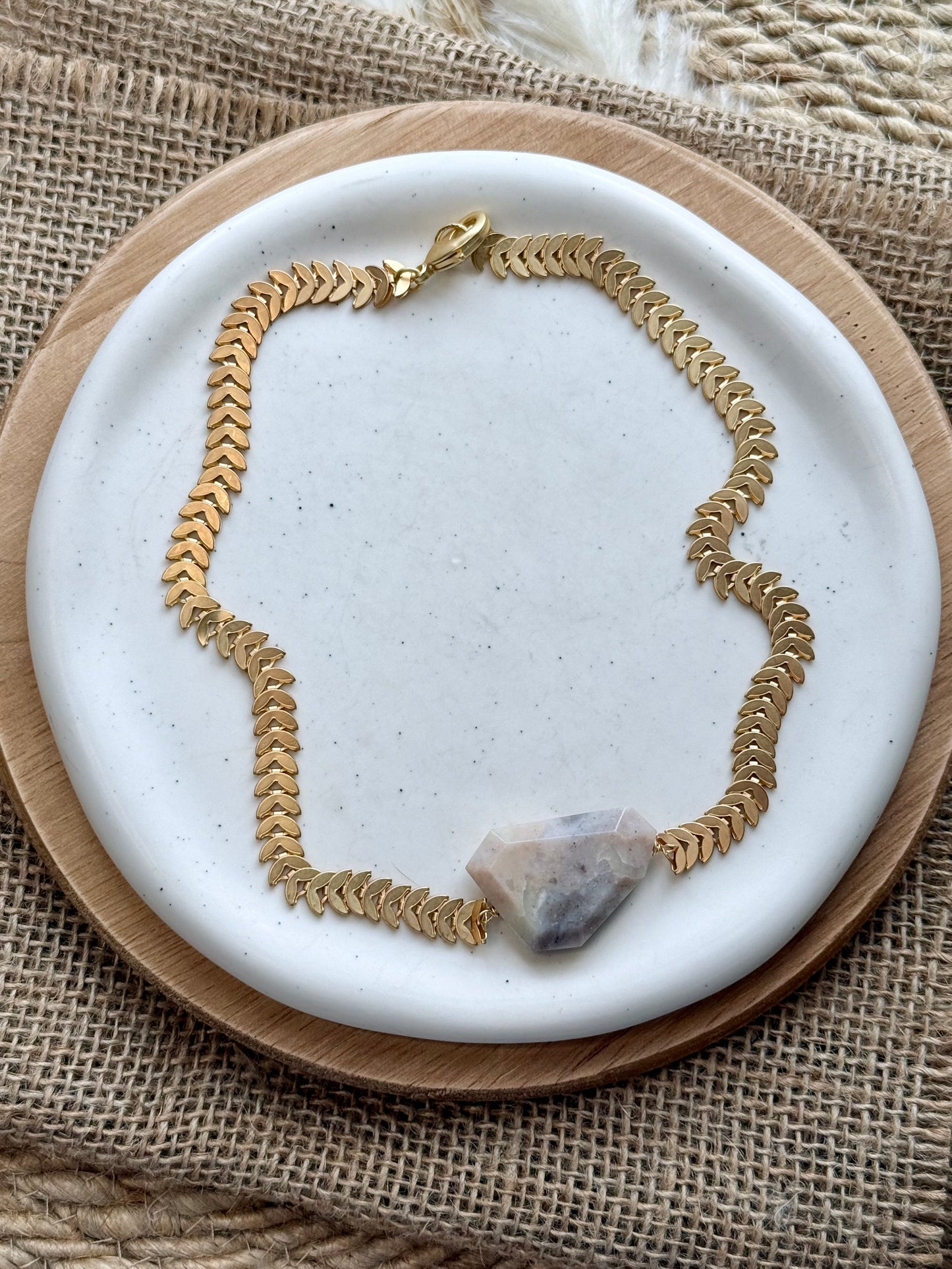 Peruvian Opal + Matte Gold Half-Moon Chain Necklace