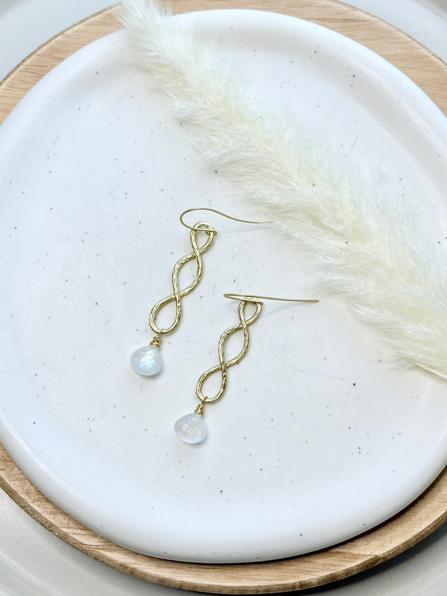 Rainbow Moonstone + Matte Gold Infinity Earrings