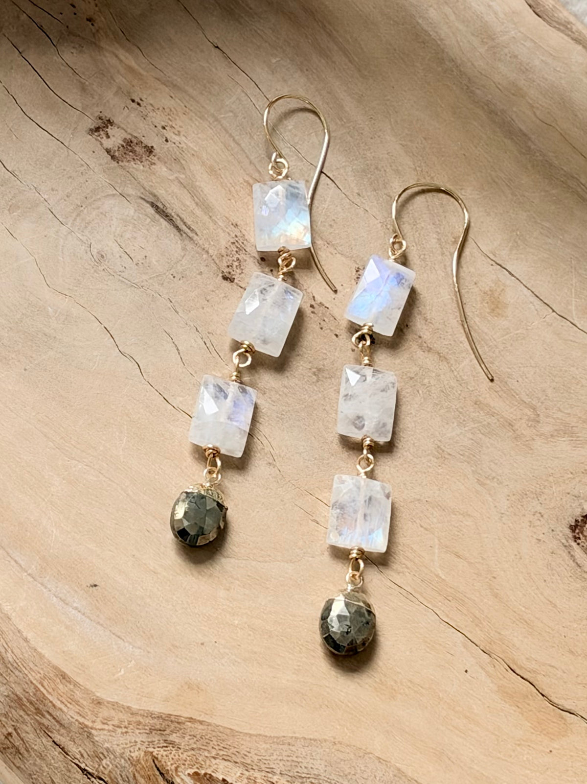 Rainbow Moonstone + Pyrite Gold Earrings