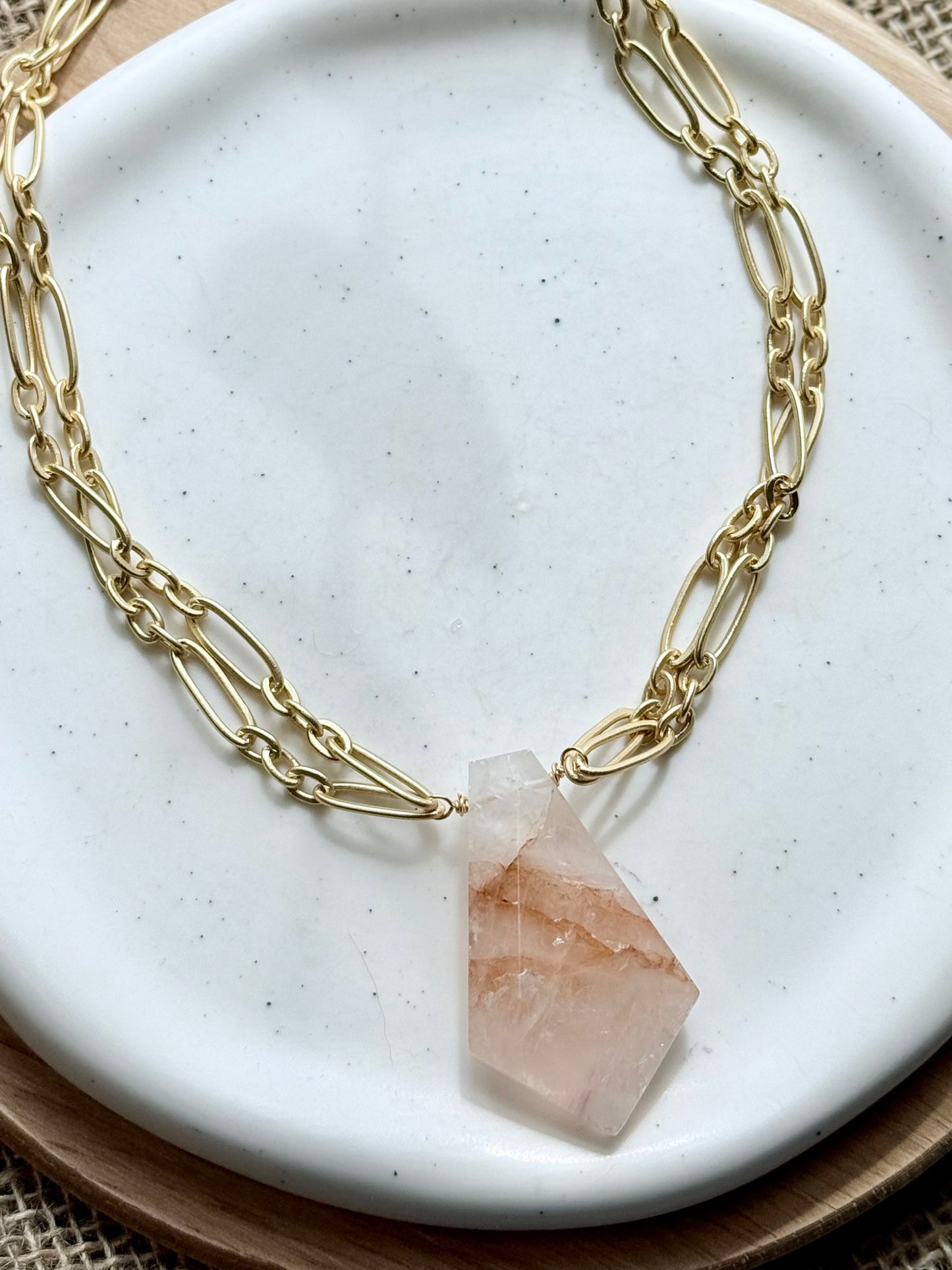 Brazilian Quartz + Matte Gold Double Chain Necklace