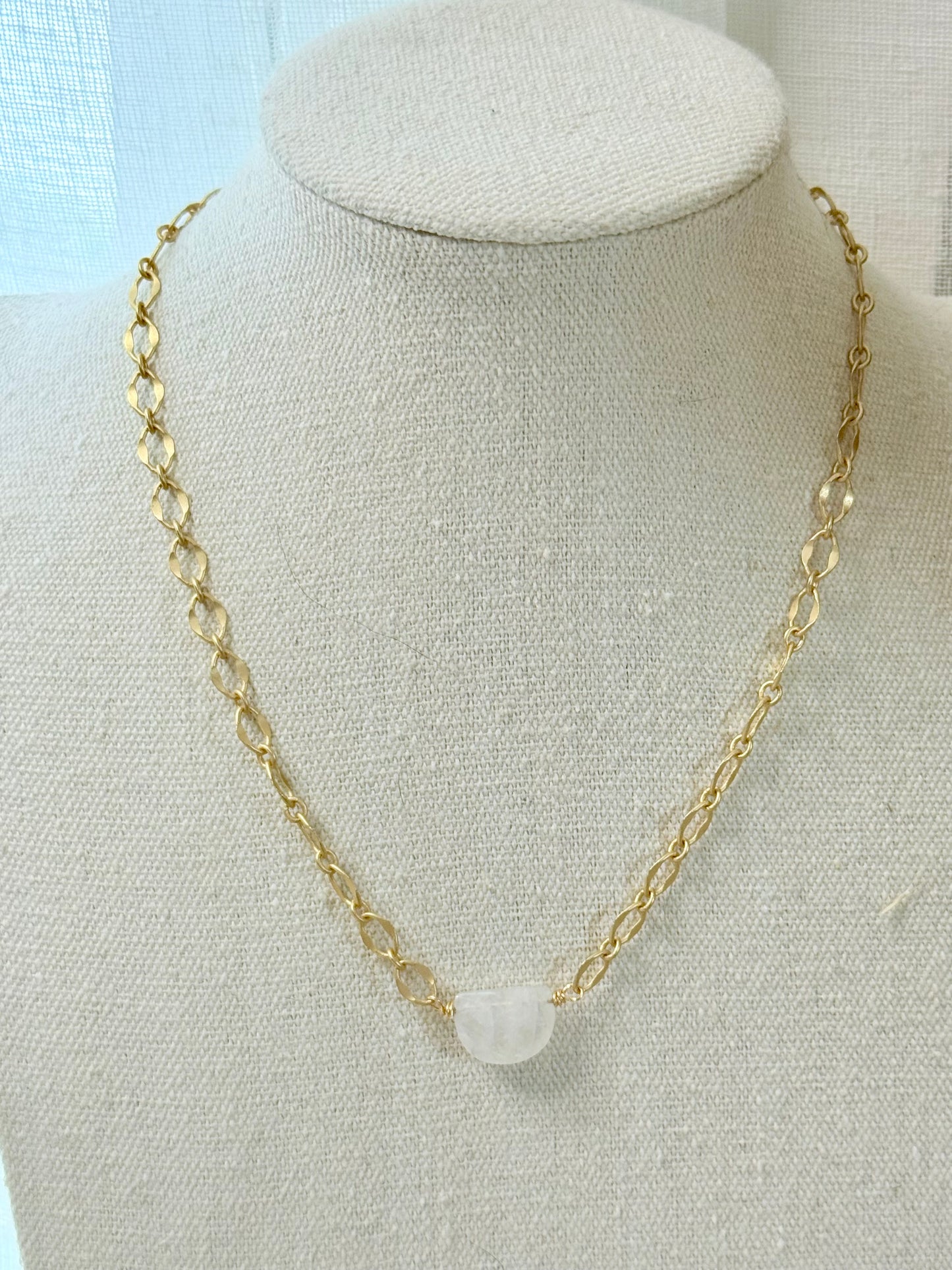 Rainbow Moonstone + Matte Gold Half Moon Necklace