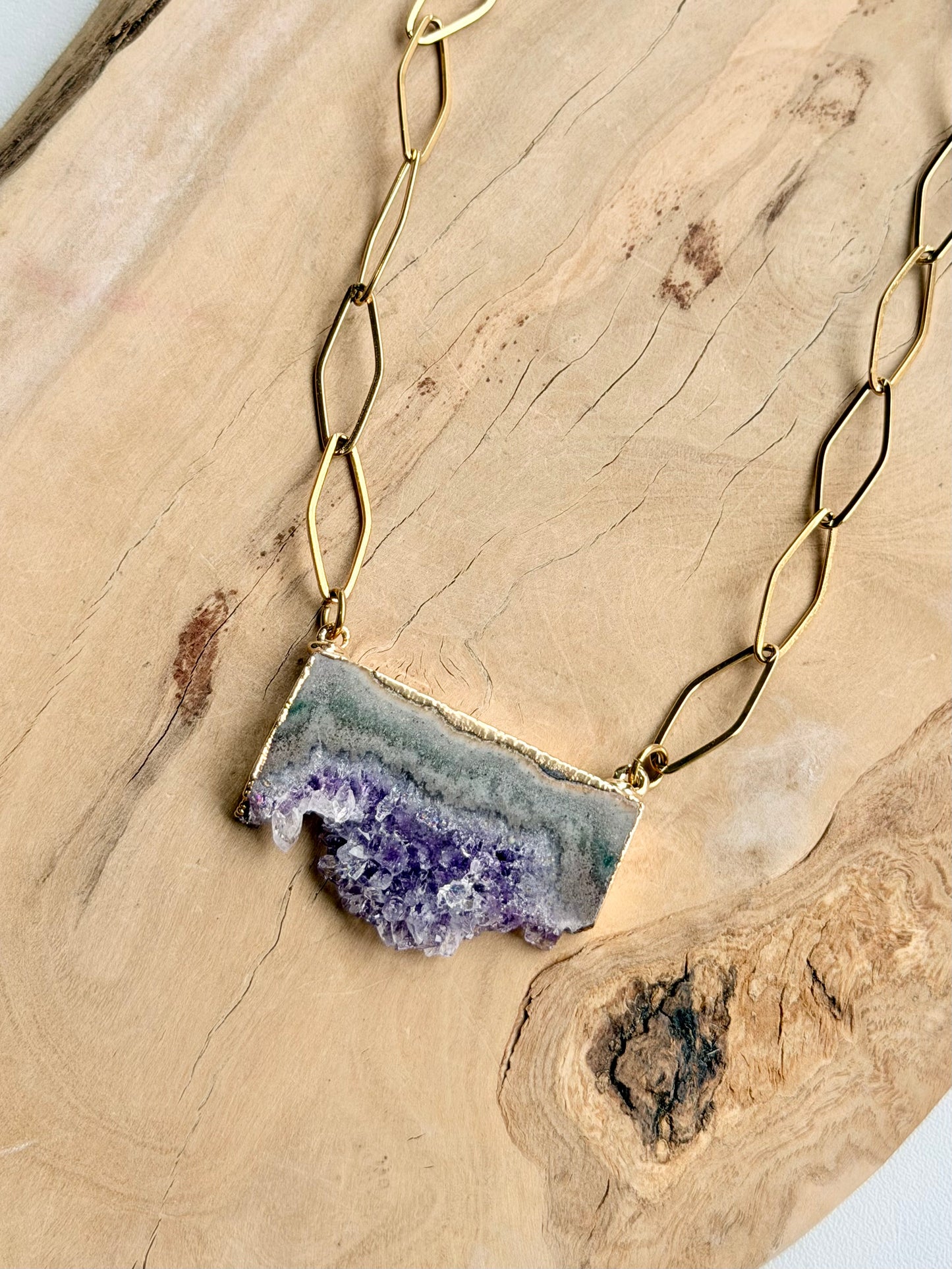 Amethyst Slice + Gold Stainless Steel Chain Necklace