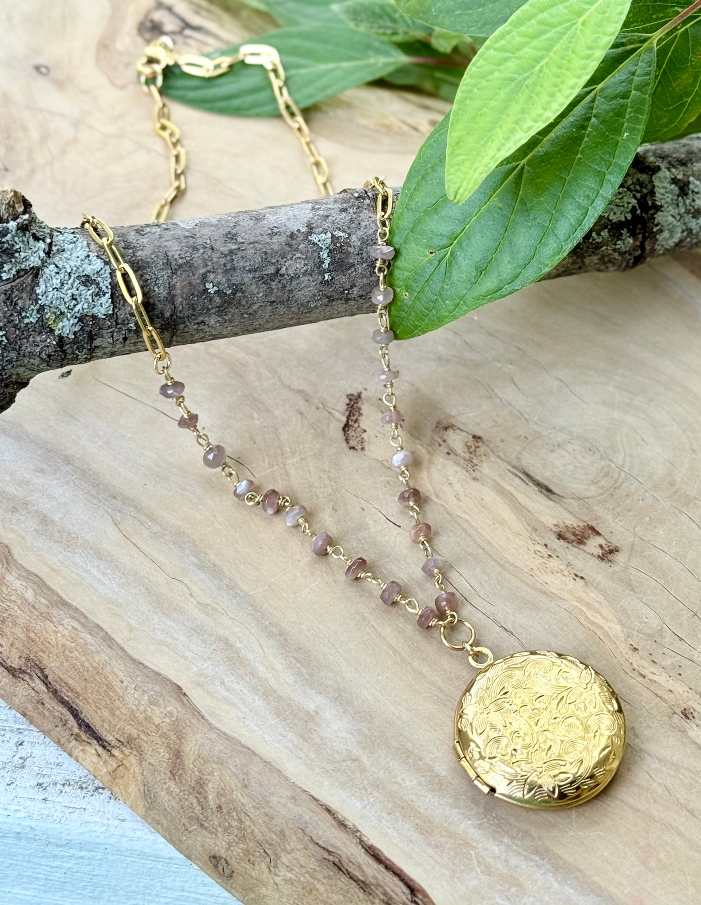 Chocolate Moonstone + Gold Circle Locket Necklace