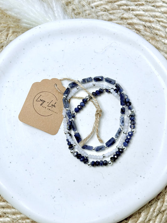 Sodalite + Lace Agate in Silver Stack (3-stack)