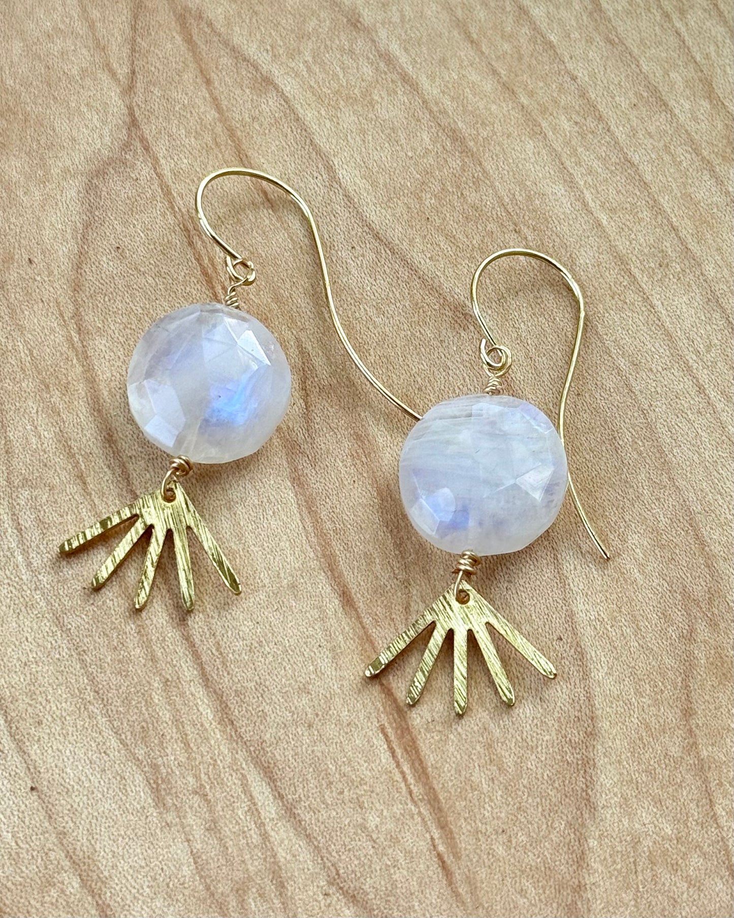 Rainbow Moonstone + Gold Sunburst Earrings