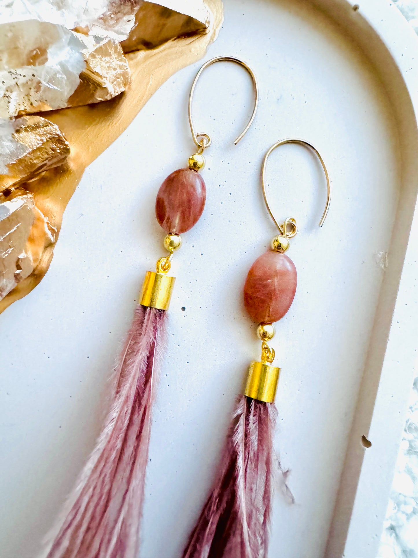 Red Hematoid Quartz + Gold Blush/Brown Feather Earrings