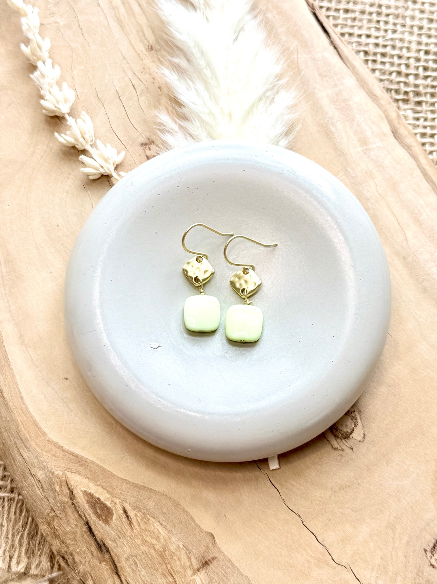 Lemon Chrysoprase + Matte Gold Diamond Earrings