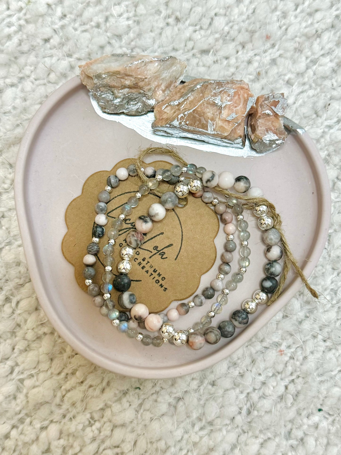 Pink Zebra Jasper + Labradorite in Silver (3-stack)