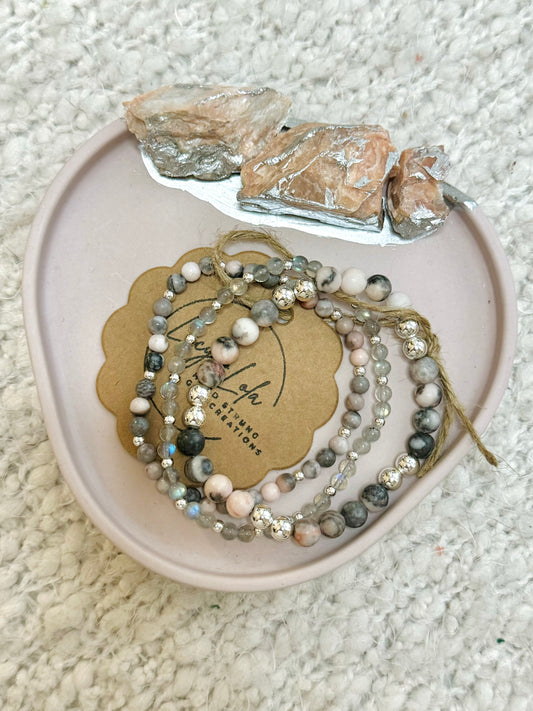 Pink Zebra Jasper + Labradorite in Silver (3-stack)