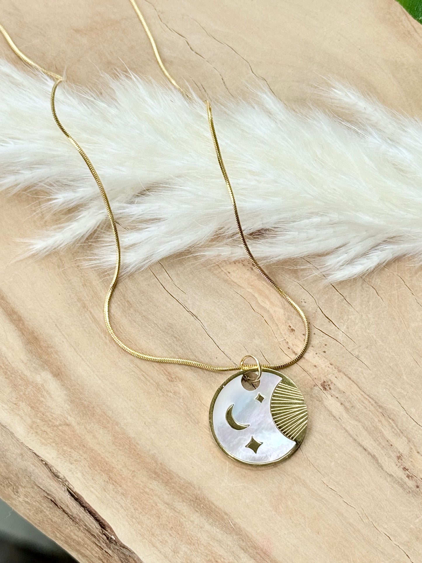 Mother of Pearl + Gold Stainless Steel Moon Pendant Necklace