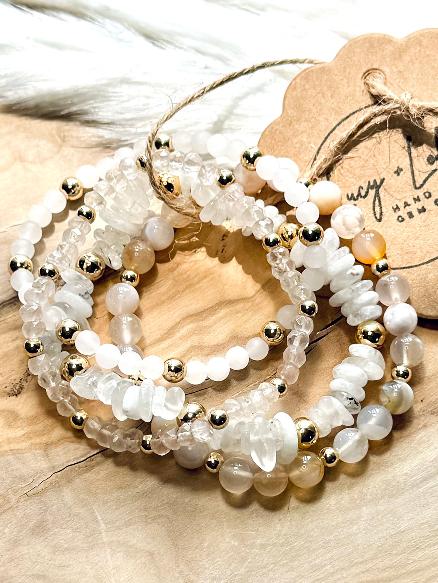 Cherry Blossom Agate +  Rose Quartz Gold Stack (4-stack)