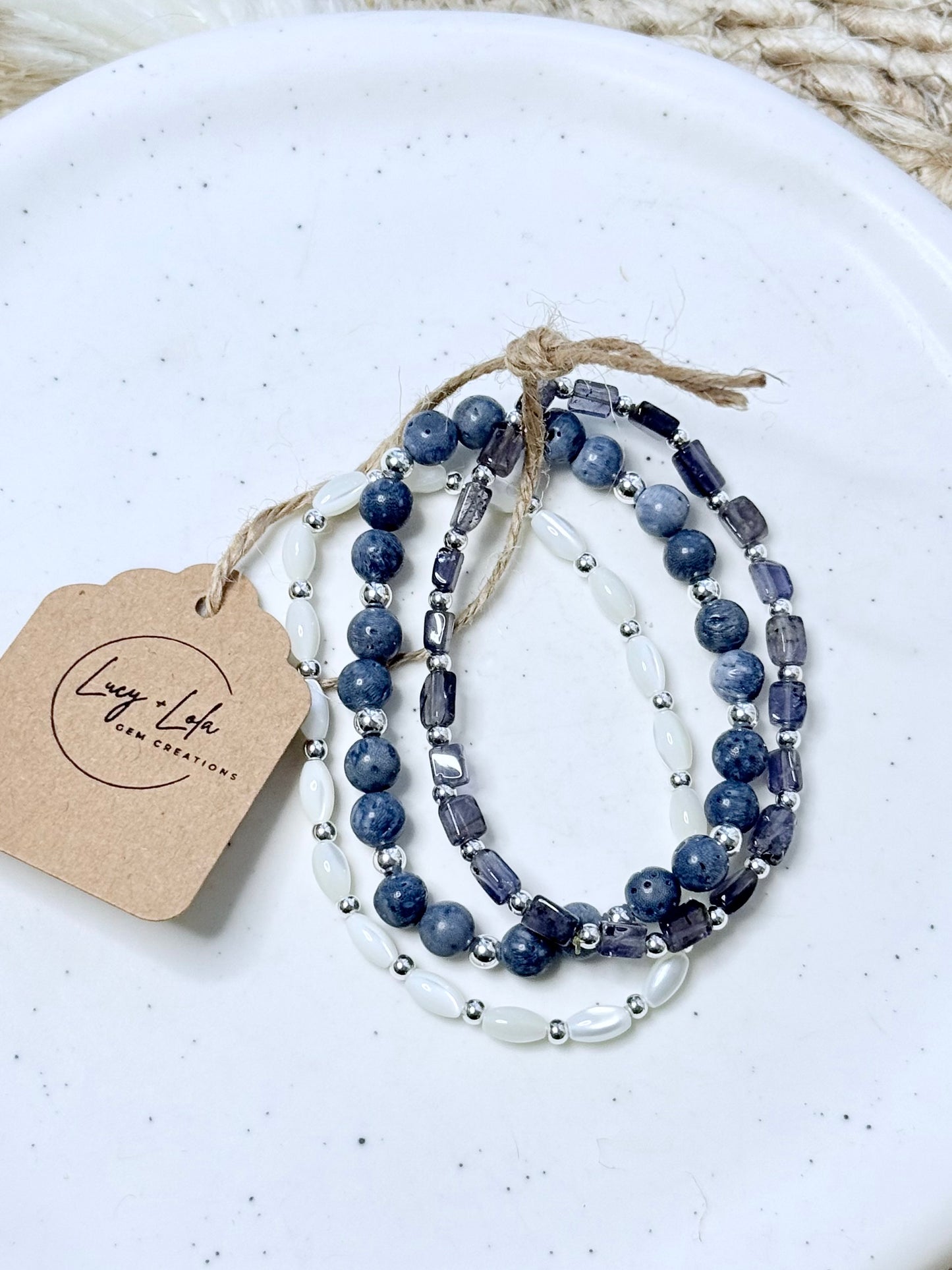 Blue Sponge Coral + Iolite in Silver Stack (3-stack)