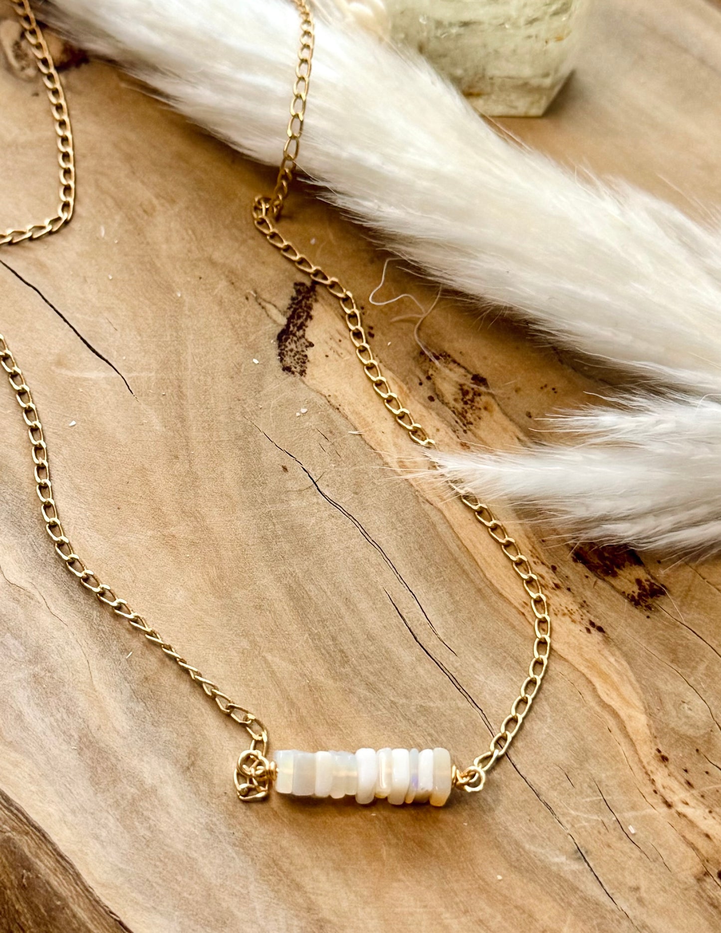 Australian Opal + Matte Gold Mini Bar Necklace