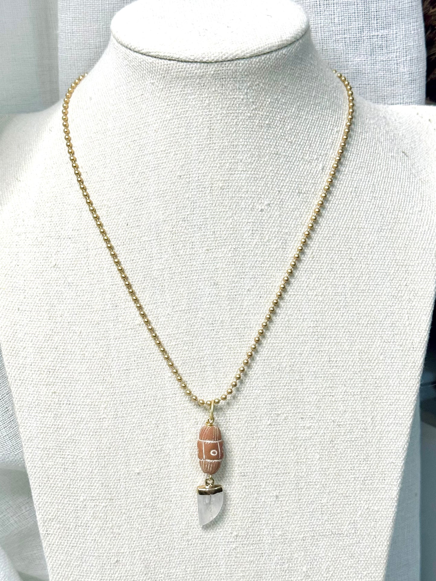 Quartz + African Ceramic Matte Gold Boho Necklace
