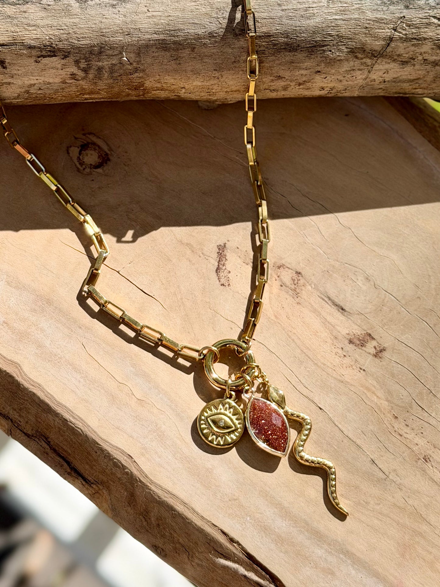 Goldstone + Gold Stainless Steel Carabiner Charm Necklace