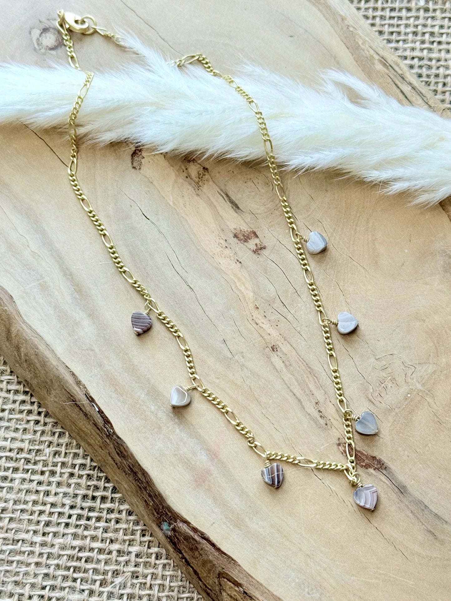 Botswana Agate Hearts + Matte Gold Necklace