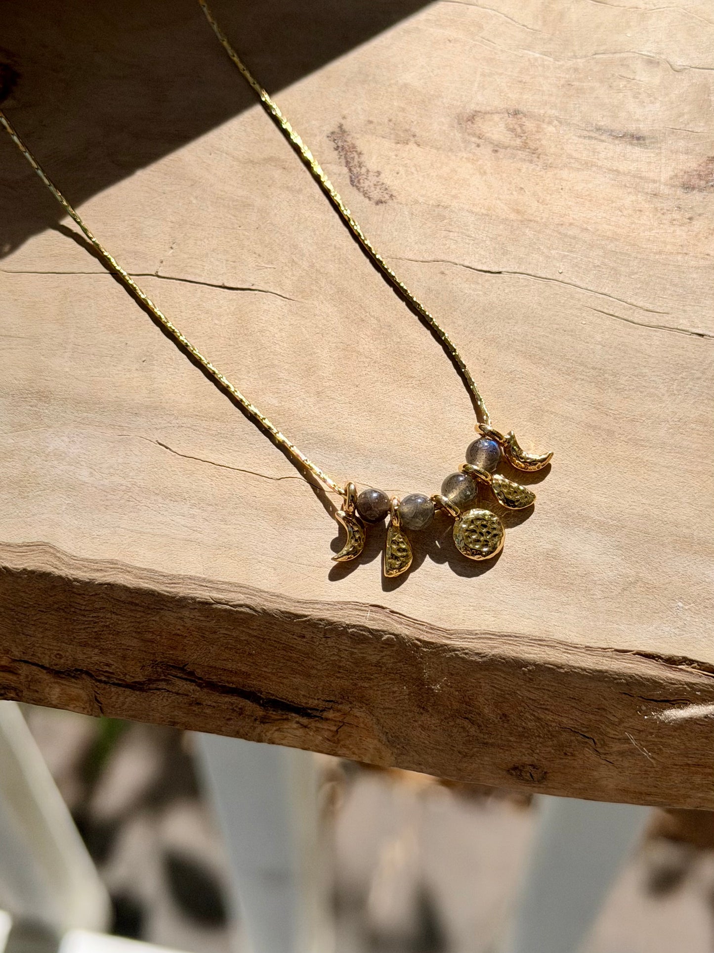 Black Labradorite + Gold Moon Phases Necklace