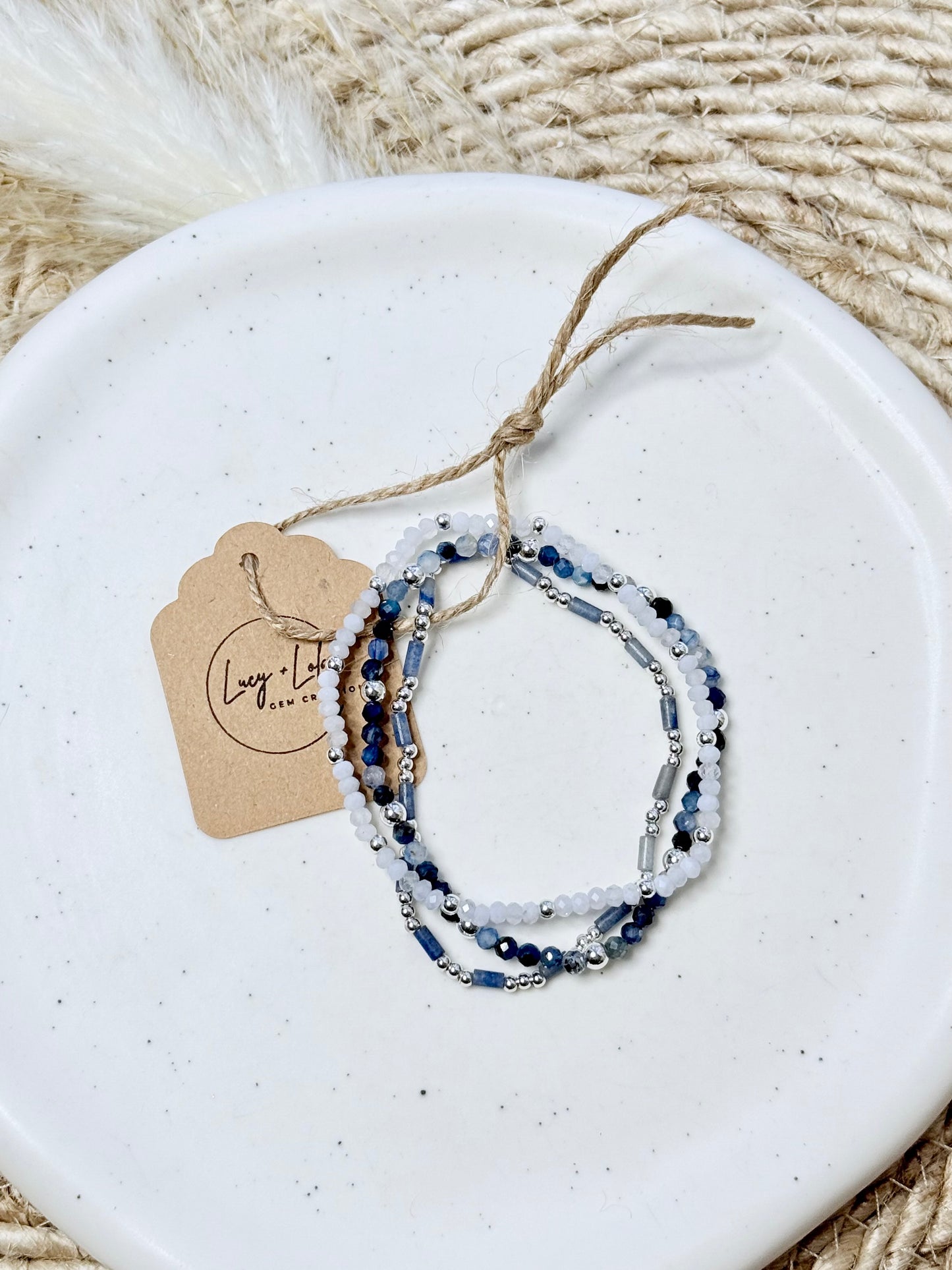 Blue Lace Agate + Kyanite in Silver Stack (3-stack)