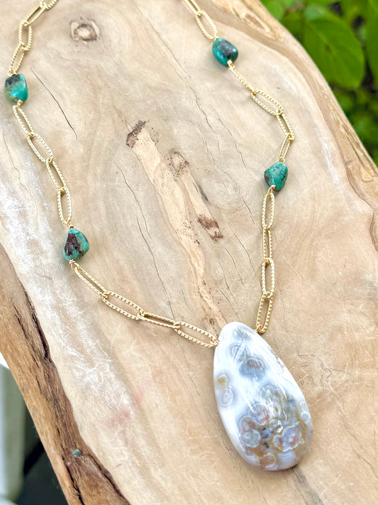 Ocean Agate + Turquoise Matte Gold Necklace