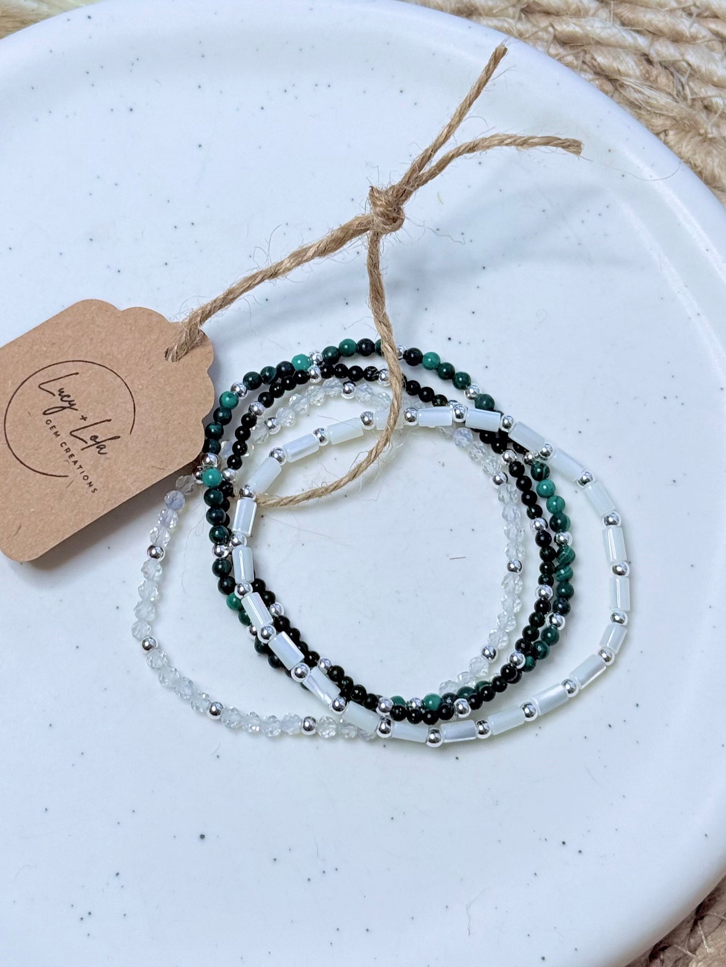 Malachite + Jade in Silver Stack (4-stack)