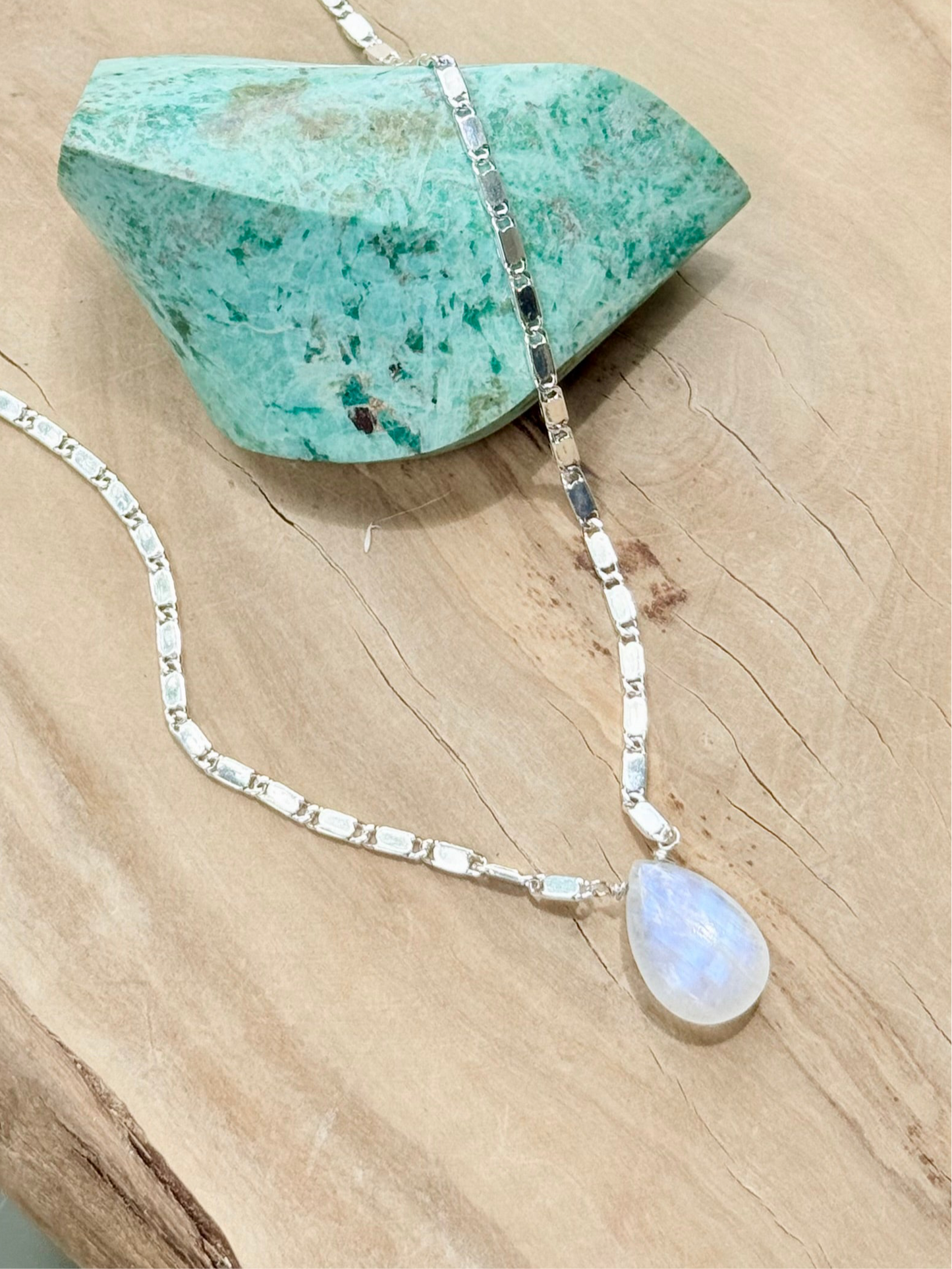 Rainbow Moonstone Teardrop + Silver Necklace