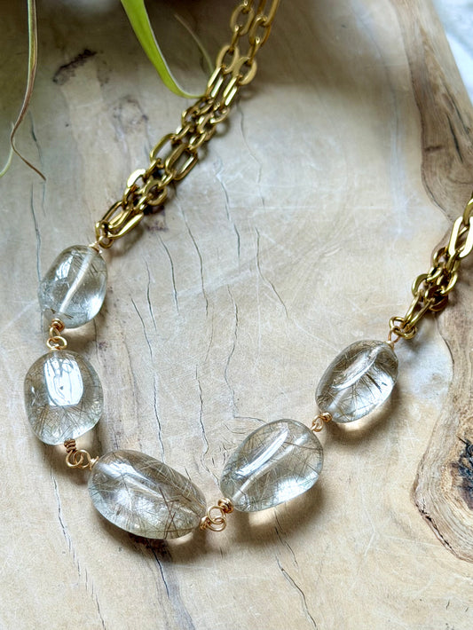 Chunky Rutilized Quartz + Gold Stainless Necklace