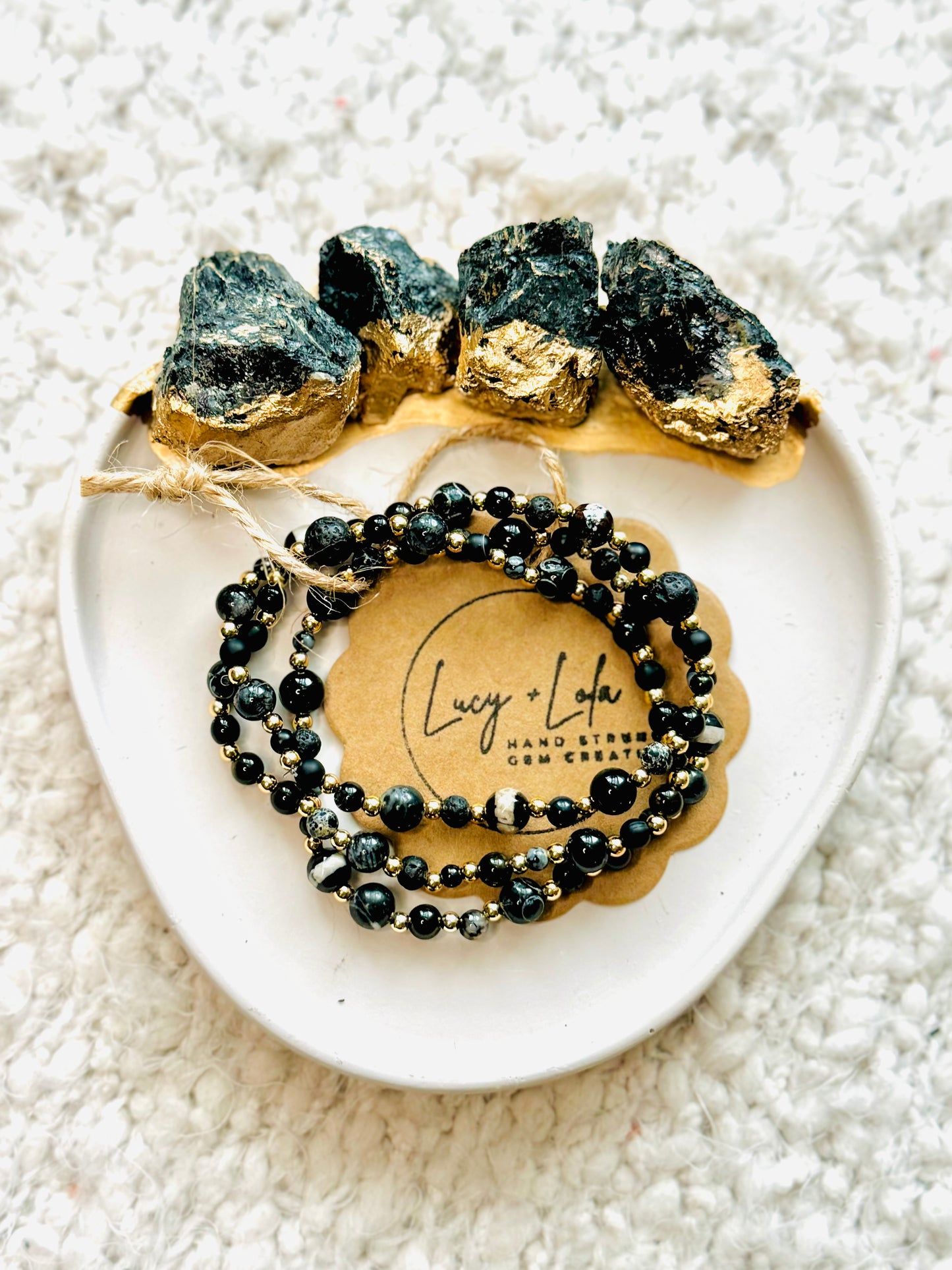 Mixed Black Gems + Gold (3-stack)