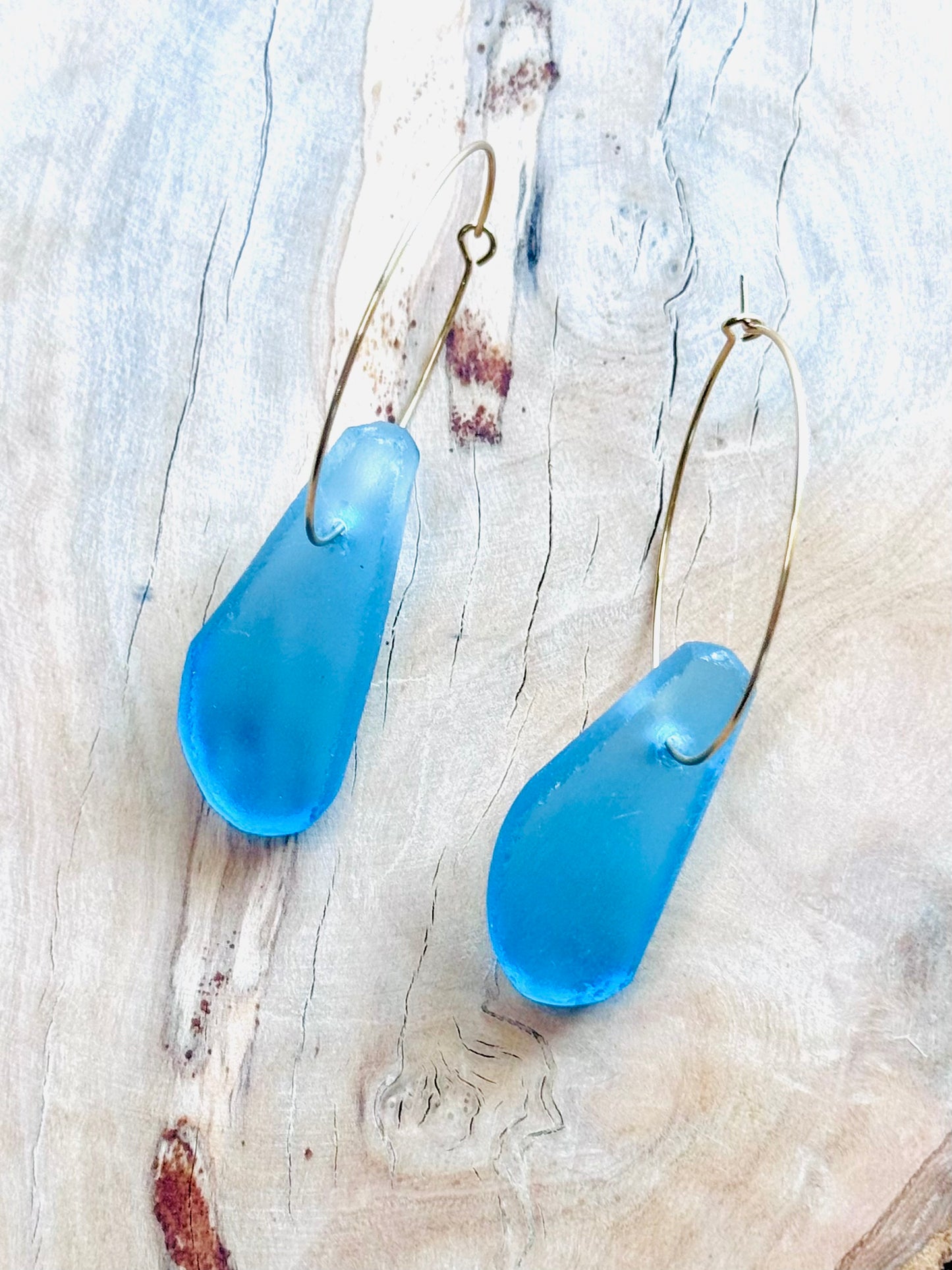 Light Blue Sea Glass + Gold Hoop Earrings