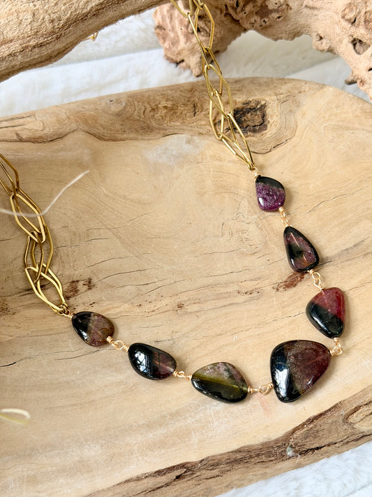 Luxe Bi-color Watermelon Tourmaline + Gold Stainless Steel Necklace