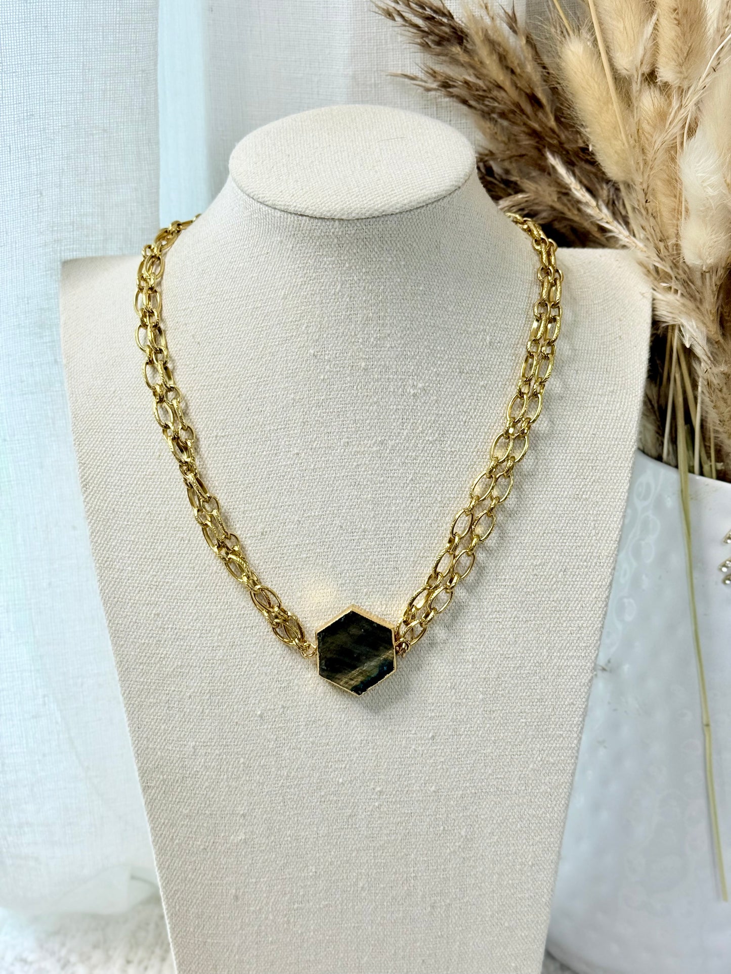 Labradorite + Gold Stainless Steel Double Chain Necklace