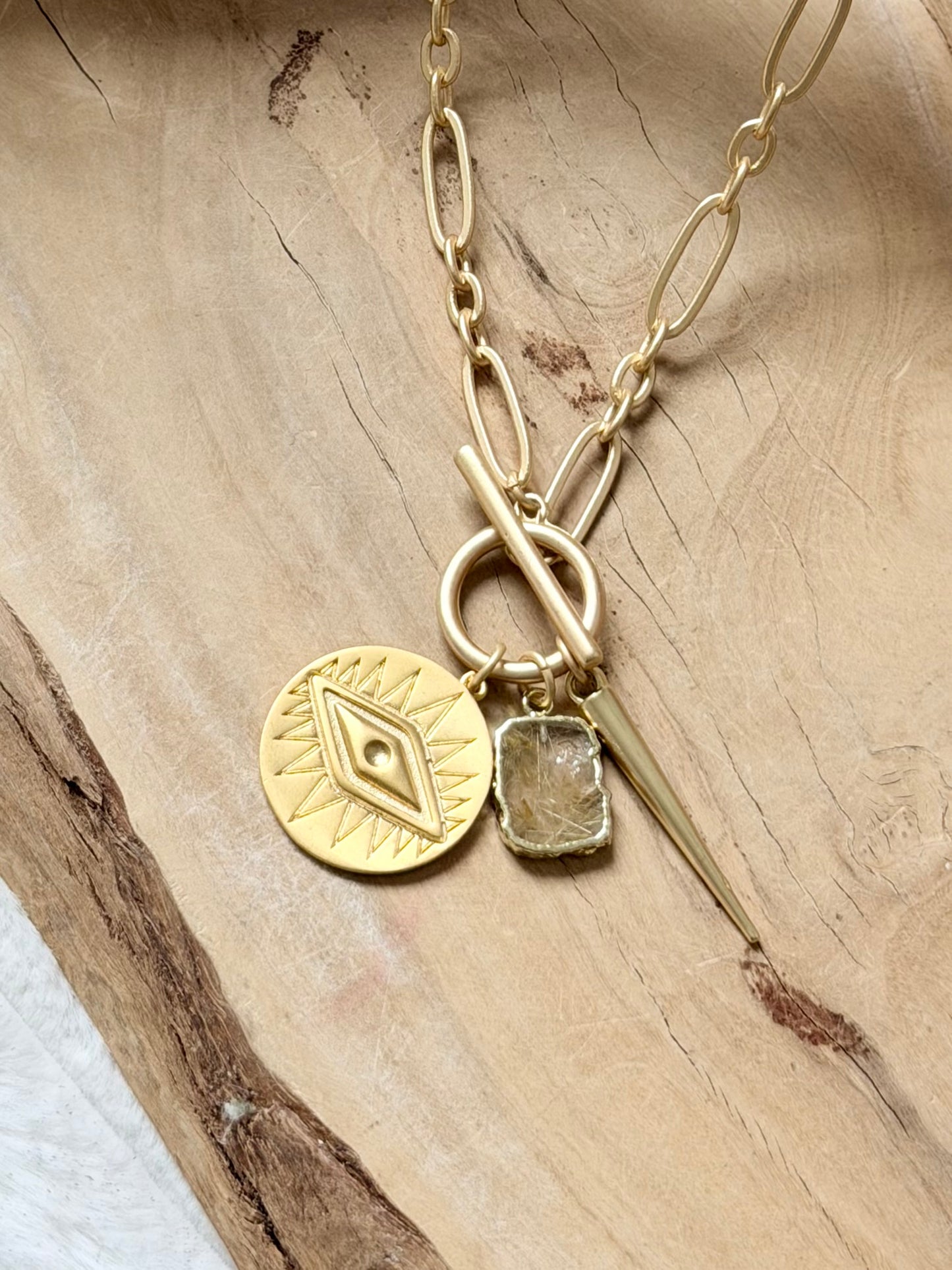 Rutile Quartz + Matte Gold Evil Eye Toggle Necklace