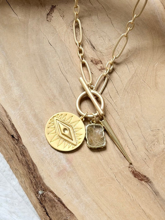 Rutile Quartz + Matte Gold Evil Eye Toggle Necklace