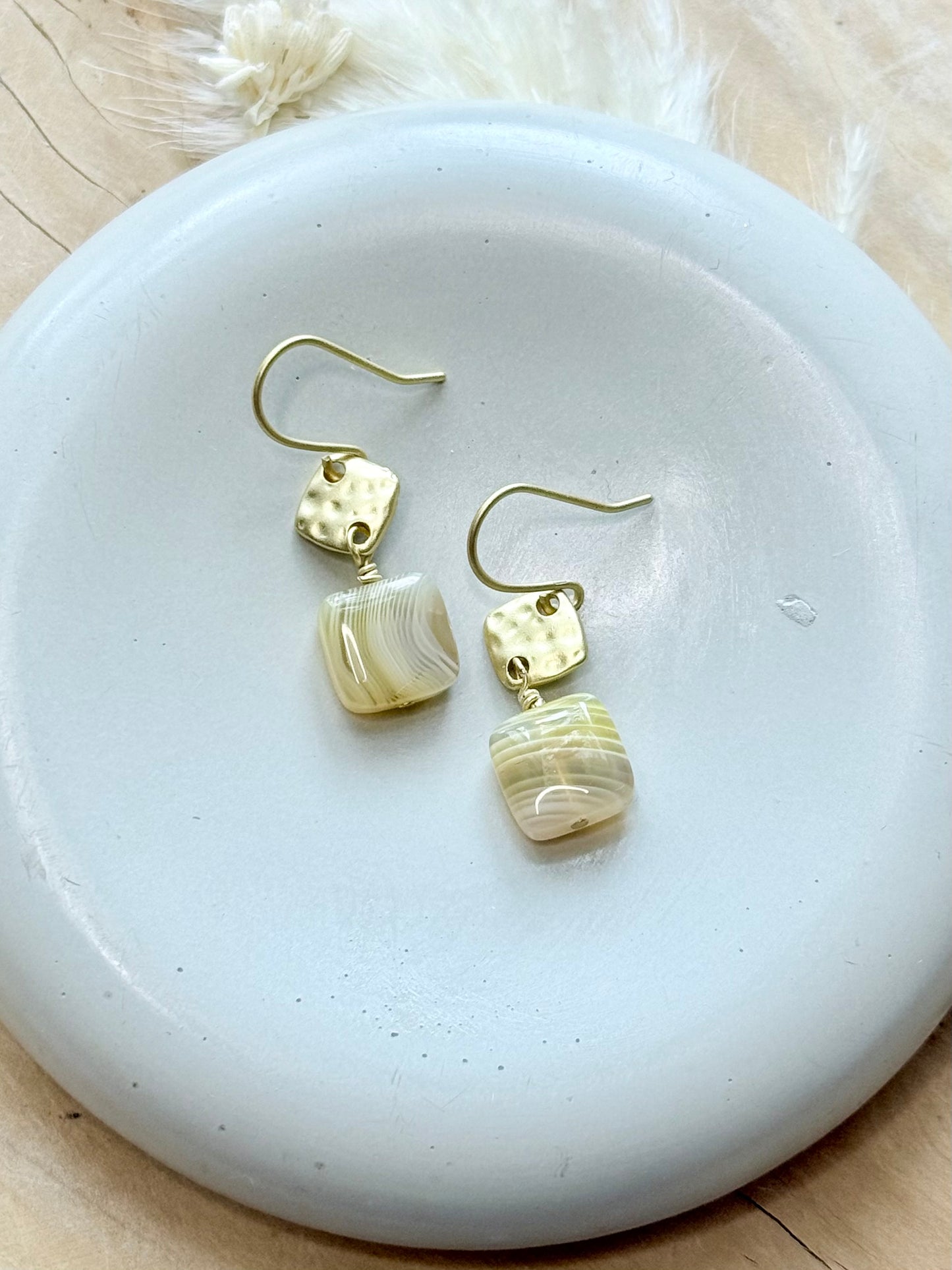 Yellow Botswana Agate + Matte Gold Diamond Earrings