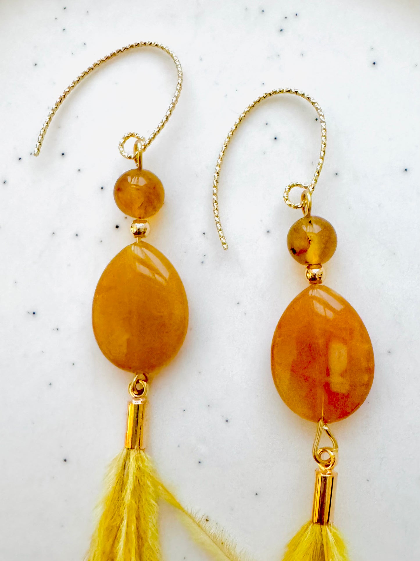 Yellow Botswana Agate + Gold Yellow Feather Earrings