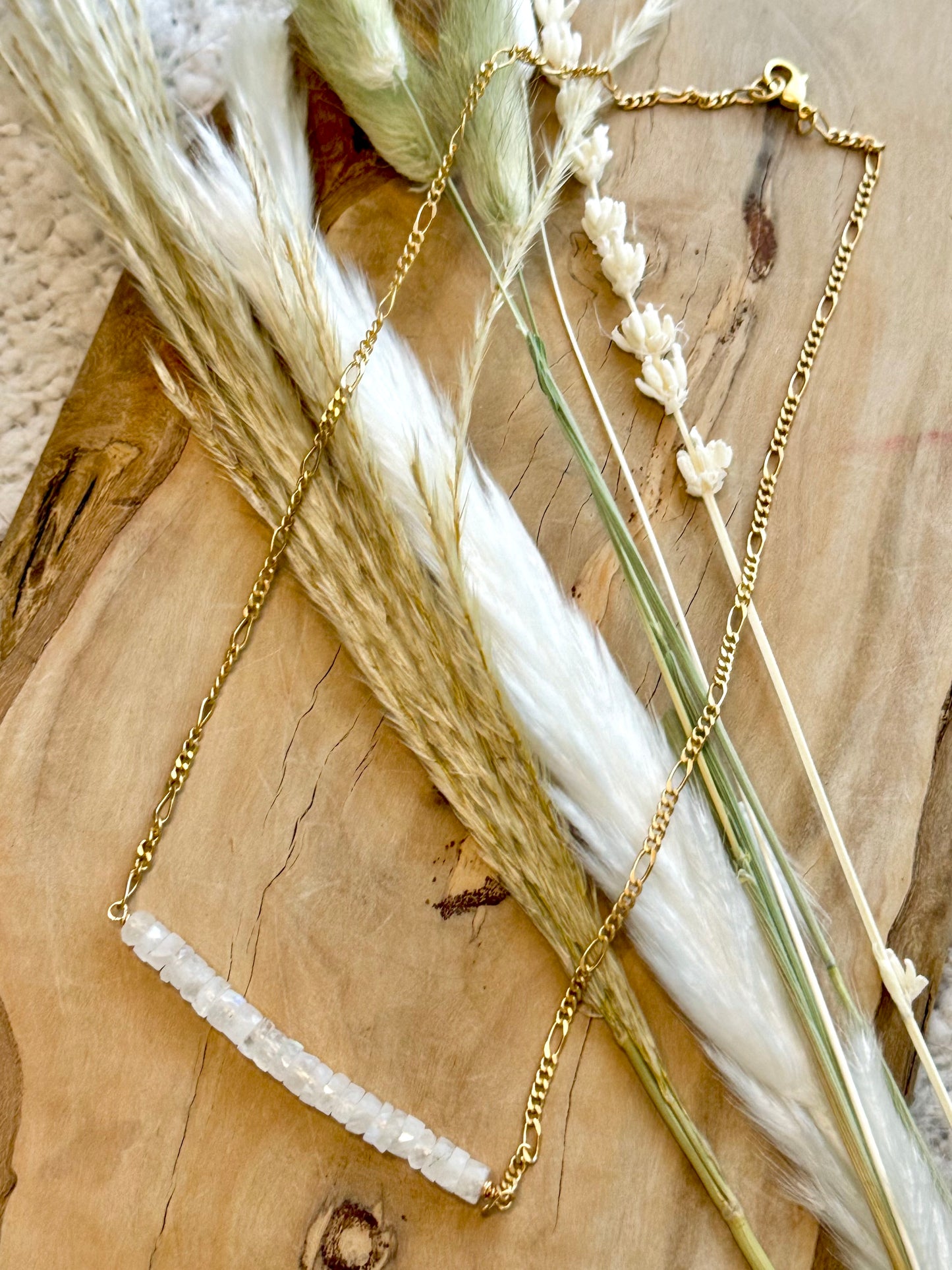 Moonstone + Gold Chain Long Bar Necklace
