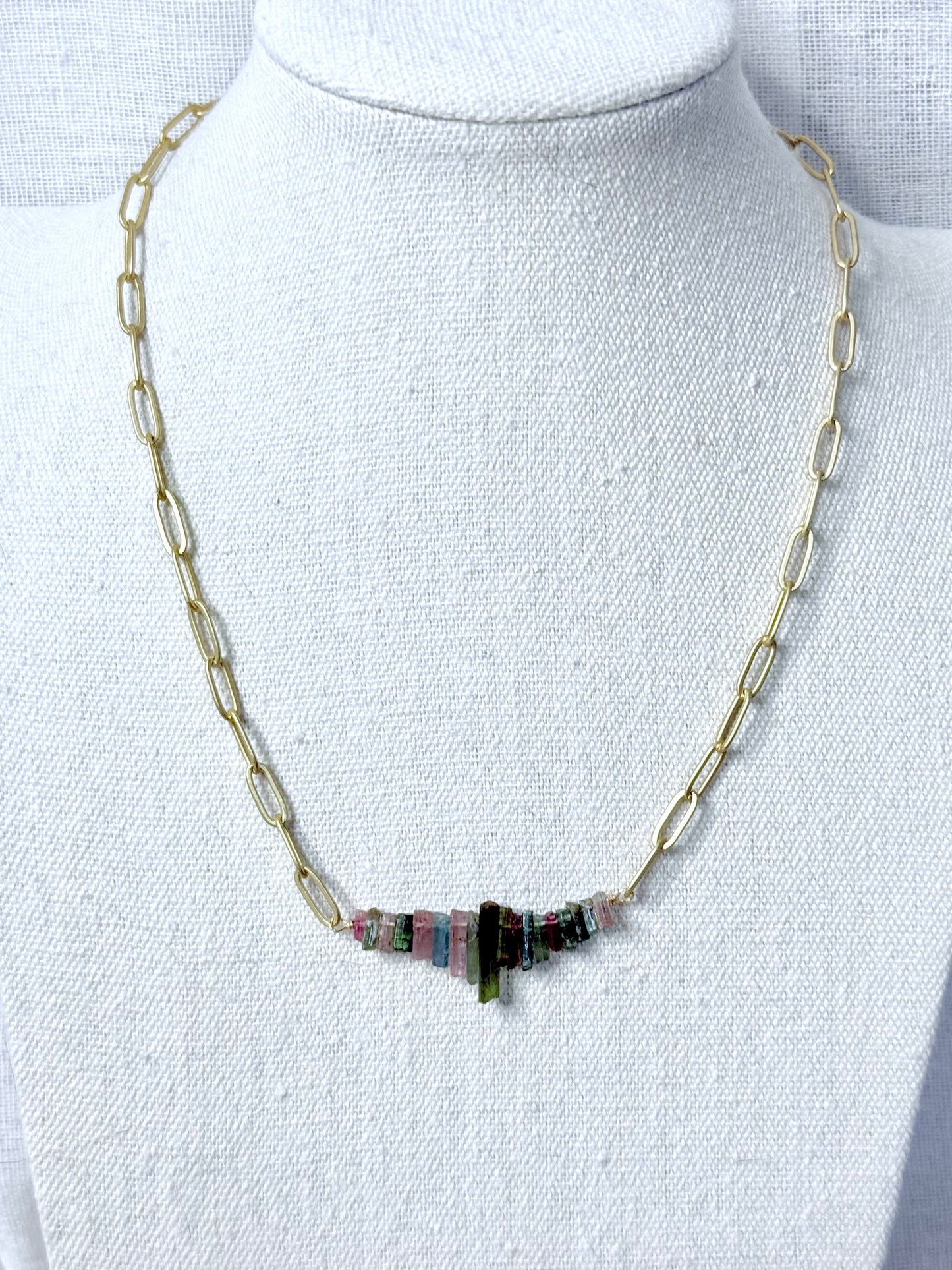 Watermelon Tourmaline + Matte Gold Necklace
