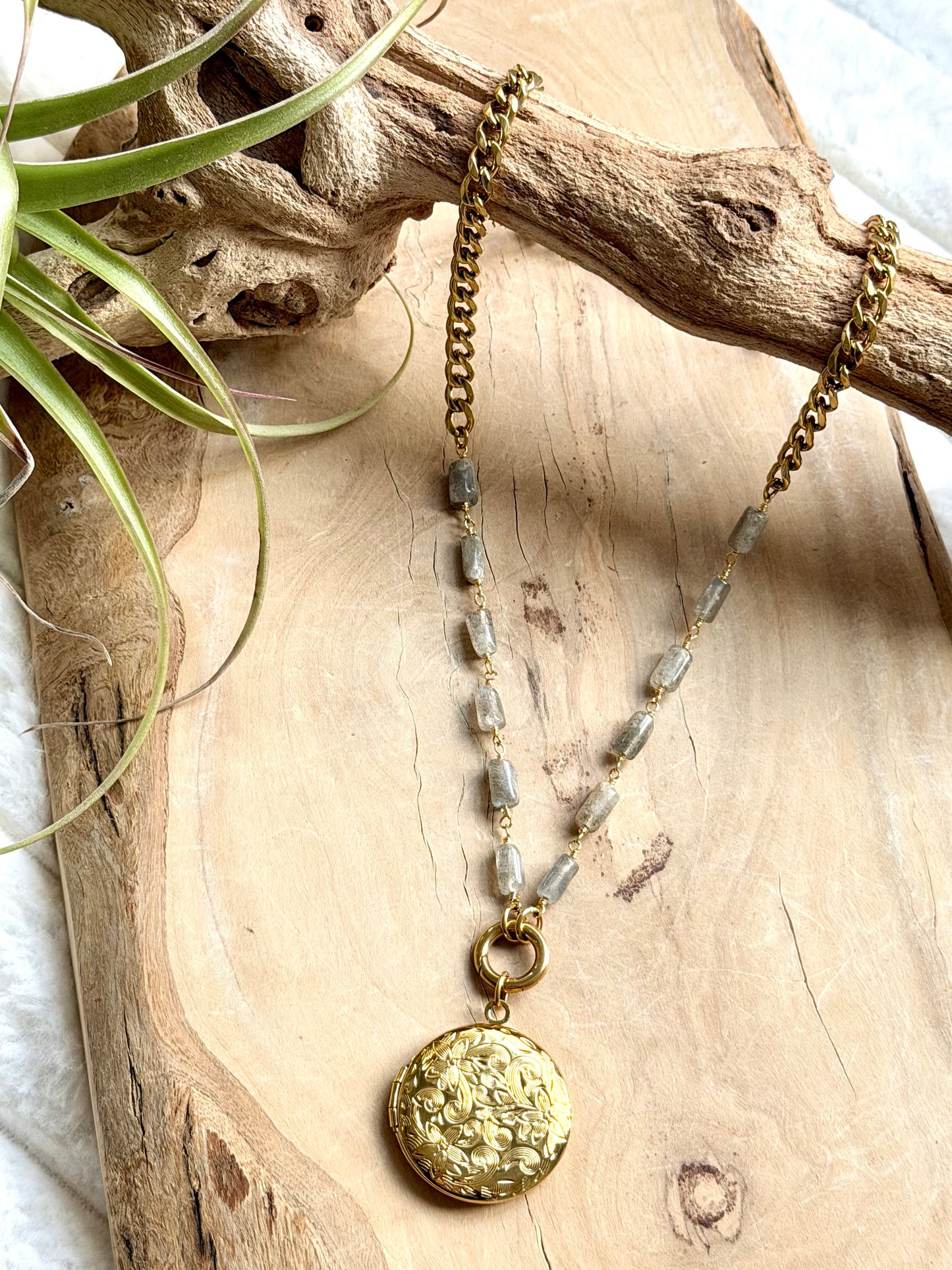Labradorite + Gold Stainless Steel Locket, Carabiner Charm Necklace