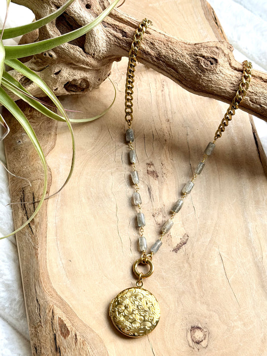 Labradorite + Gold Stainless Steel Locket, Carabiner Charm Necklace