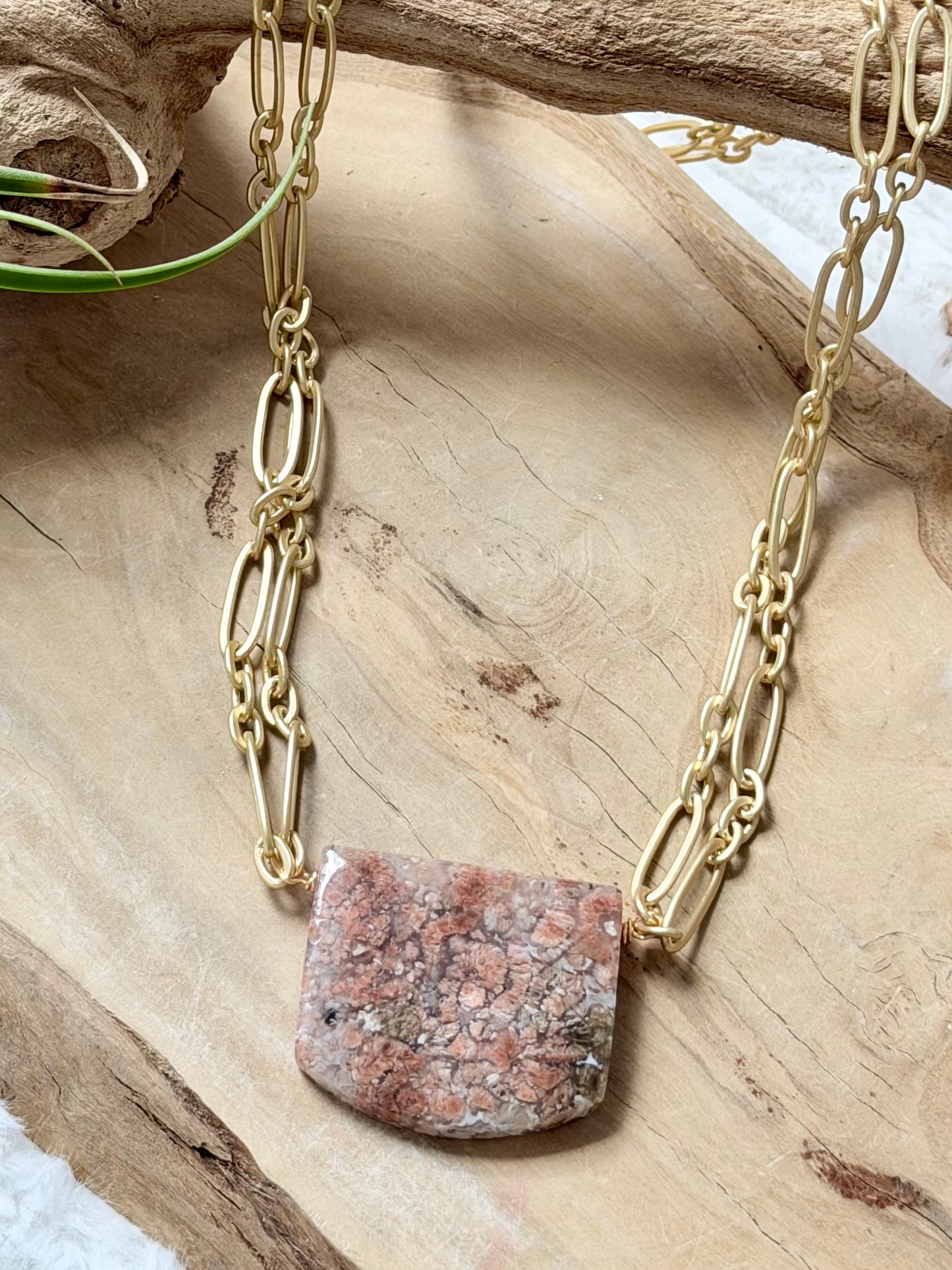 Pink Ocean Agate + Matte Gold Double Chain Necklace